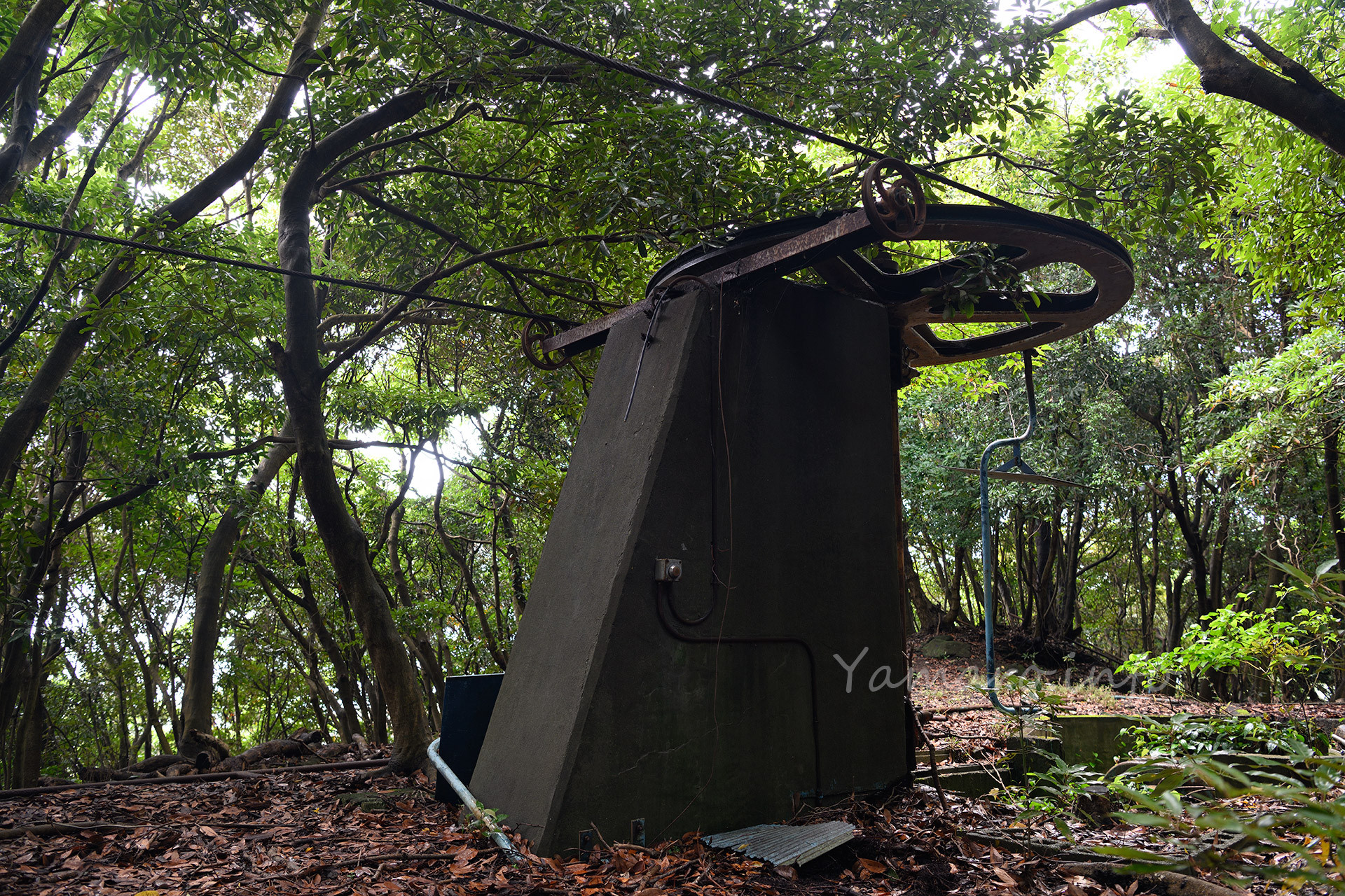 廃リフト。かつて麓からここまで客を乗せて運行していた。未だロープが張られている。