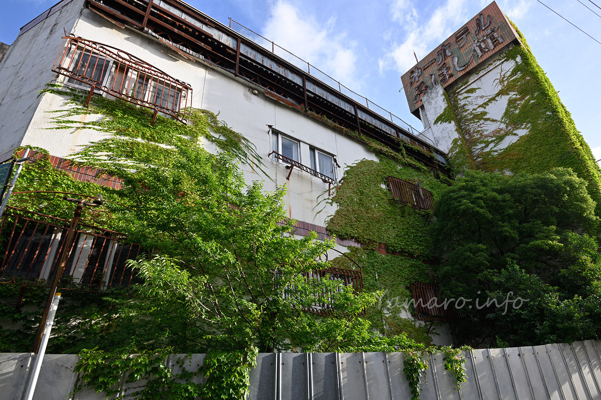 見事な蔦に覆われています。そしてあちこち崩壊も始まっている様子。 内部は1階が浸水し、上のフロアも一部崩壊が始まっているようです。